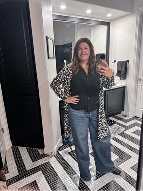 Allison Joy Leopard Print Duster Cardigan Open Front Knit Sweater Size Medium